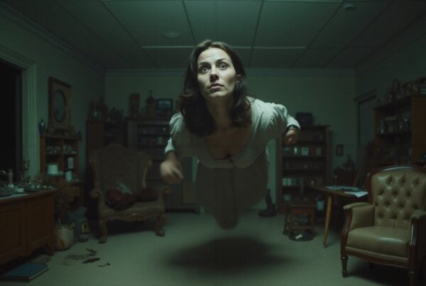 A woman levitating in a dimly lit vintage room filled with mysterious decor.