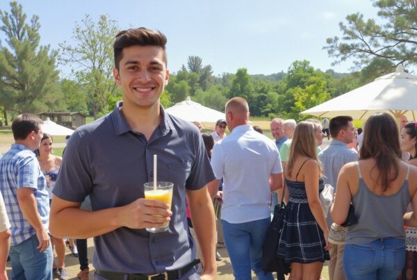 A smiling man with a drink at an outdoor gathering with people, trees, and umbrellas under a sunny sky.