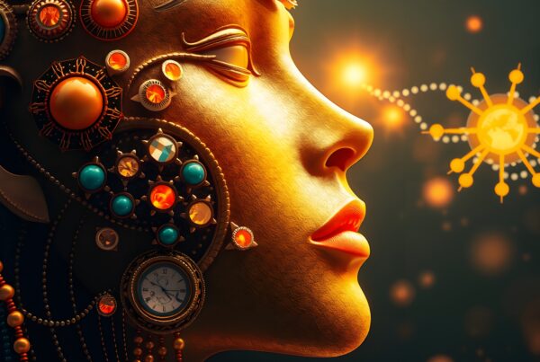 Steampunk art face with gold and jewel elements.