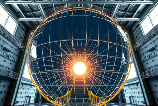 A glowing spherical structure in an industrial setting, showcasing intricate wireframe design, large windows, and futuristic ambiance.