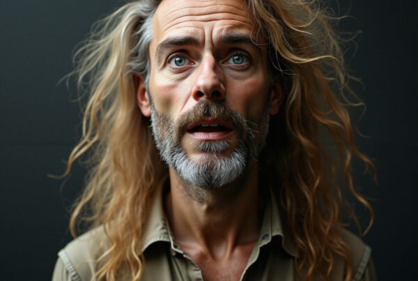 A surprised man with long, flowing blond hair and a salt-and-pepper beard, wearing a khaki shirt against a gray background.