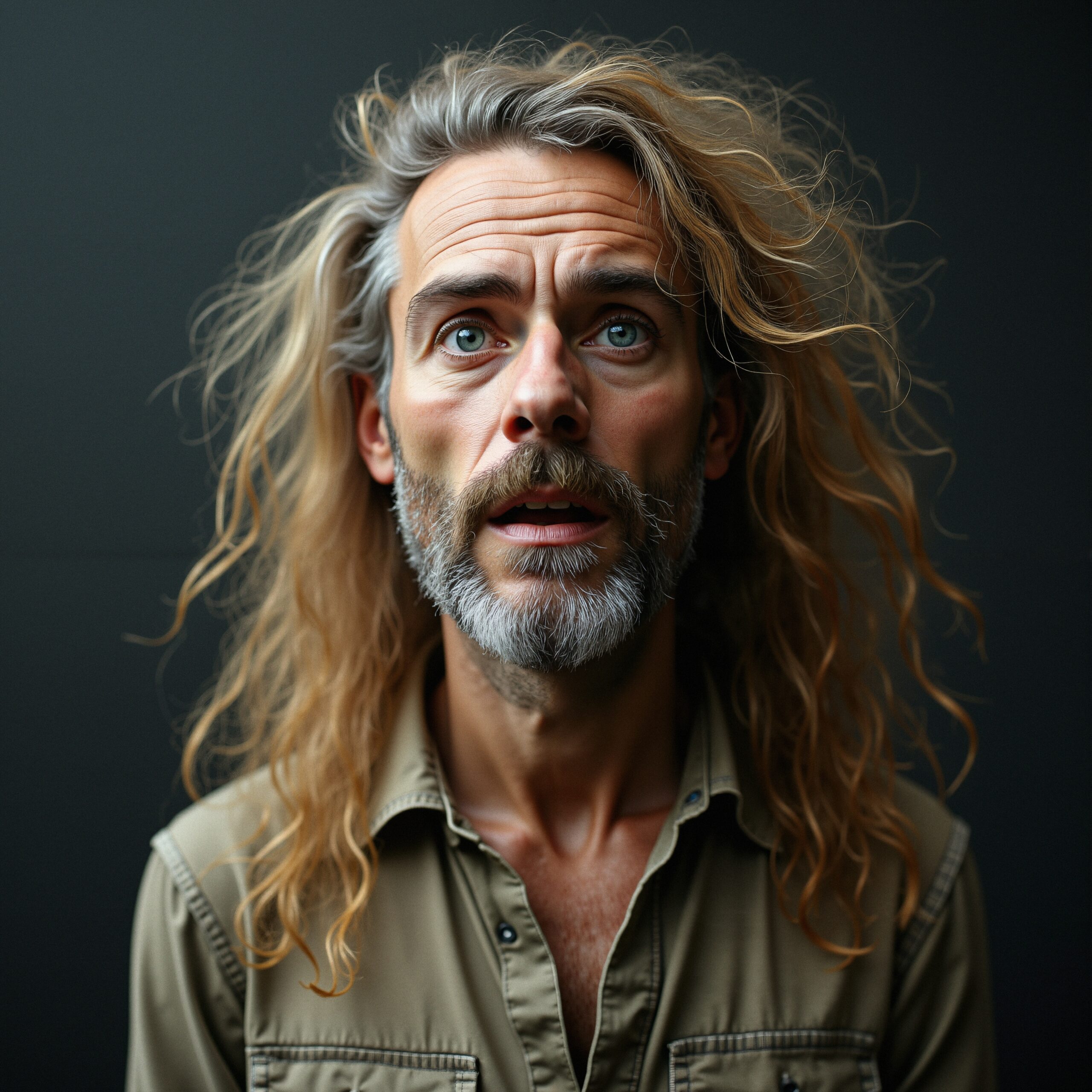 Surprised man with flowing hair