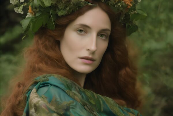 A woman with auburn hair and floral crown amidst lush greenery and ambient light.