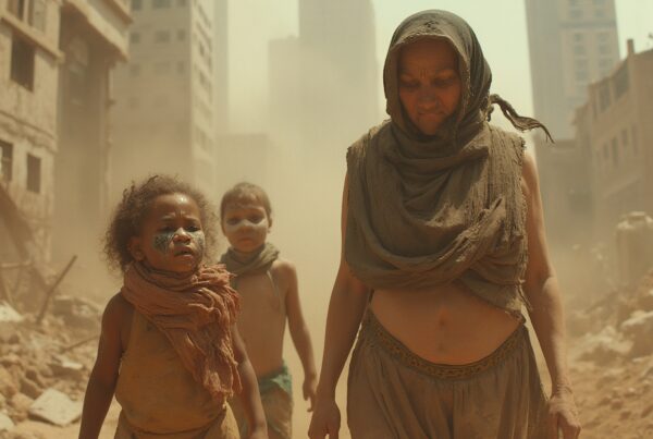 People walking through dusty ruins.