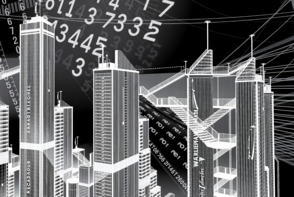 Futuristic cityscape with skyscrapers and digital data flow.