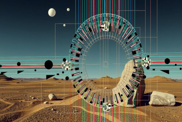 Circular futuristic structure in desert landscape, blending technology and art.