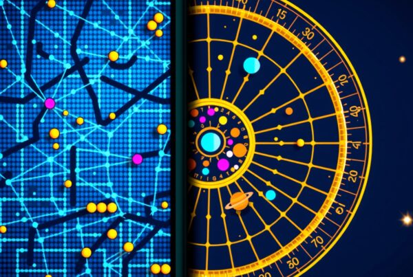 A digital and astrological fusion design with interconnected networks.