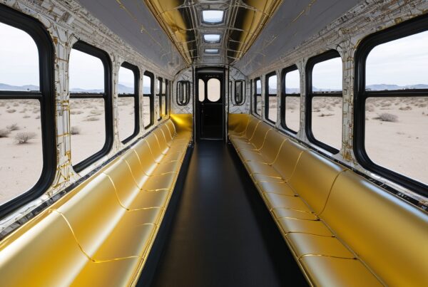 Futuristic bus interior with gold seats, view of desert.