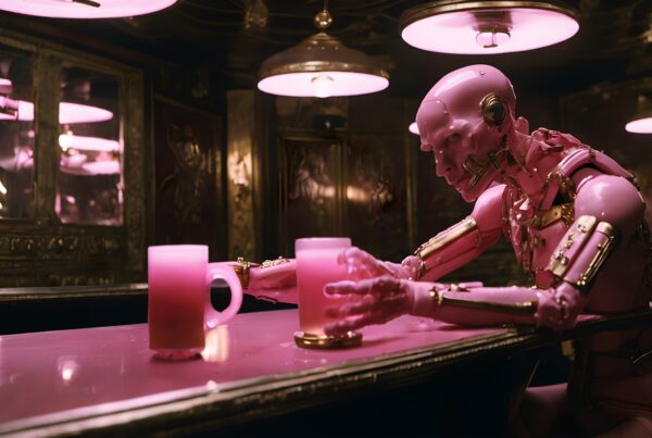 A humanoid robot seated at a bar with neon pink lighting and colorful decor.