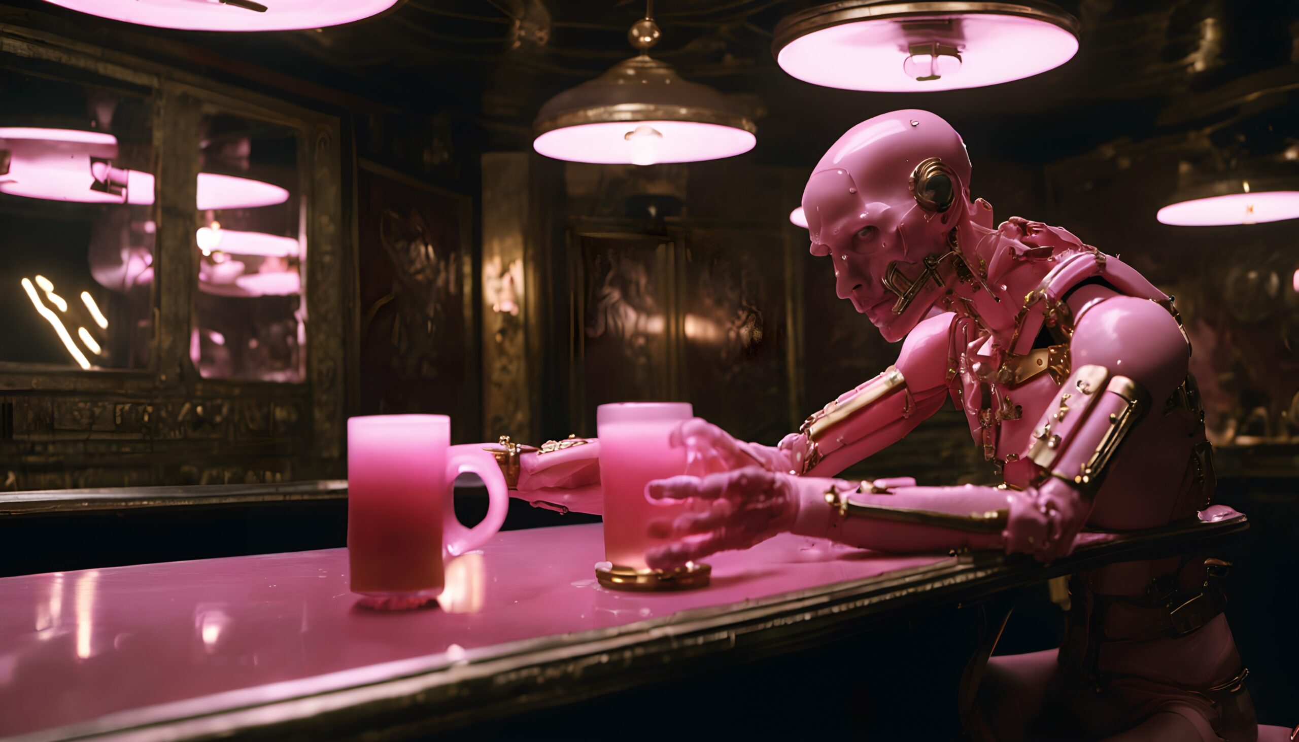 Contemplative Robot at Cyberpunk Bar