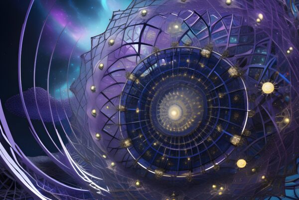 A mesmerizing cosmic scene featuring a futuristic lattice structure surrounded by nebulae and stars.