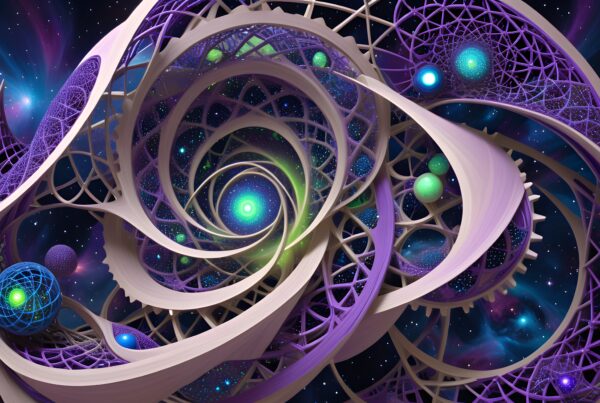 Intricate cosmic design with swirling purple lattices and luminous spheres.