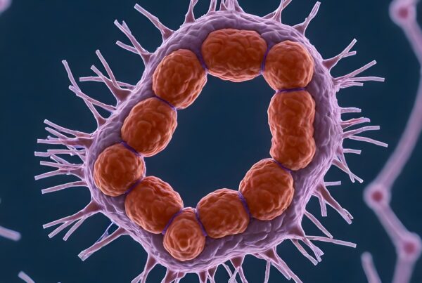 Close-up of a circular spiky microorganism with red clusters encased in purple membrane against a dark background.
