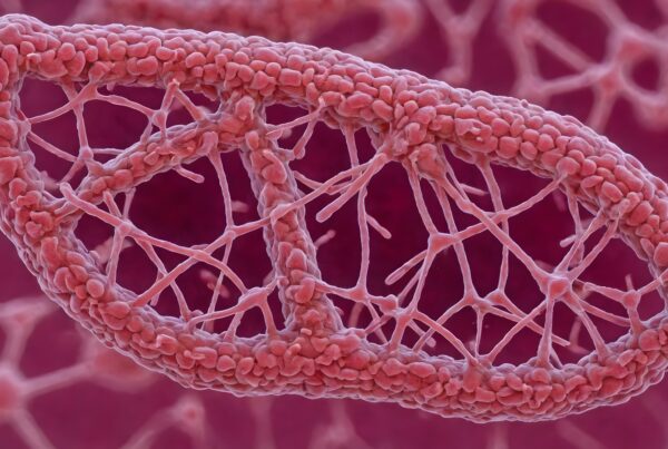 Close-up of brain capillaries showing detailed microvasculature network under microscope with pink hues in background.