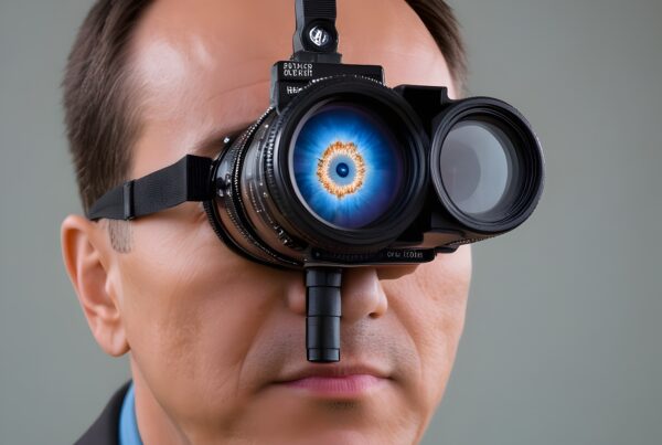 Portrait of a man wearing a futuristic camera device over his eye, featuring a vivid iris, blending human and technology.
