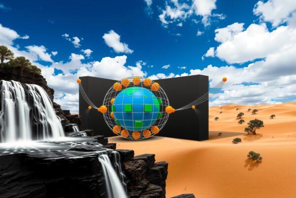 A globe within a futuristic structure set in a vibrant desert landscape with waterfalls and dunes.