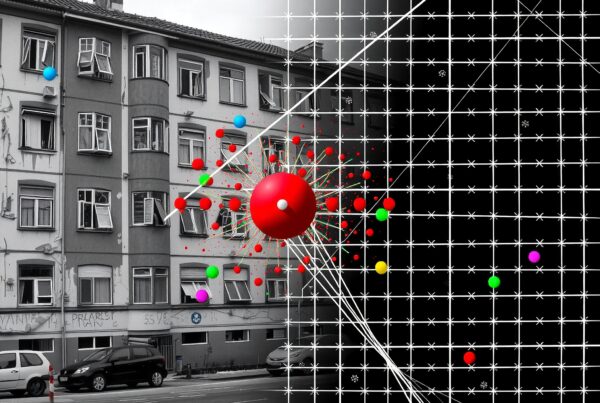 A surreal blend of an urban street scene with colorful spheres and geometric lines, contrasting reality with digital abstraction.