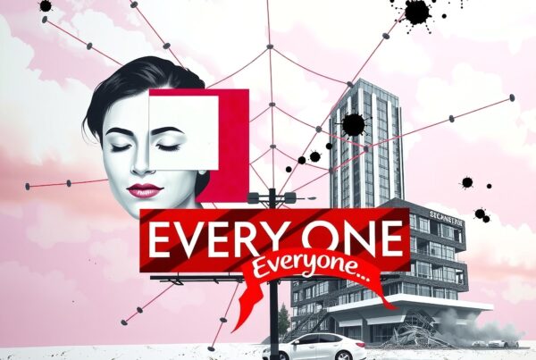 Surreal urban artwork featuring a woman's face with a blend of architectural elements and expressive text.