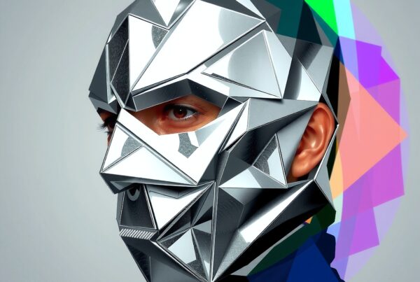 A futuristic mask with geometric shapes and a colorful background.