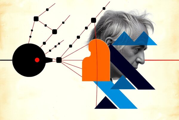 Abstract geometric portrait with interconnected lines and shapes.