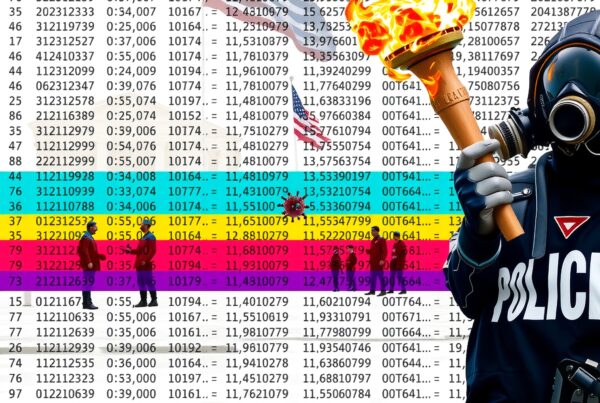 A person in police gear, holding a torch amid data and virus imagery, symbolizes authority amidst chaos.