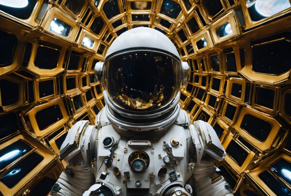 Astronaut in gold-trimmed futuristic space environment with cosmic views.