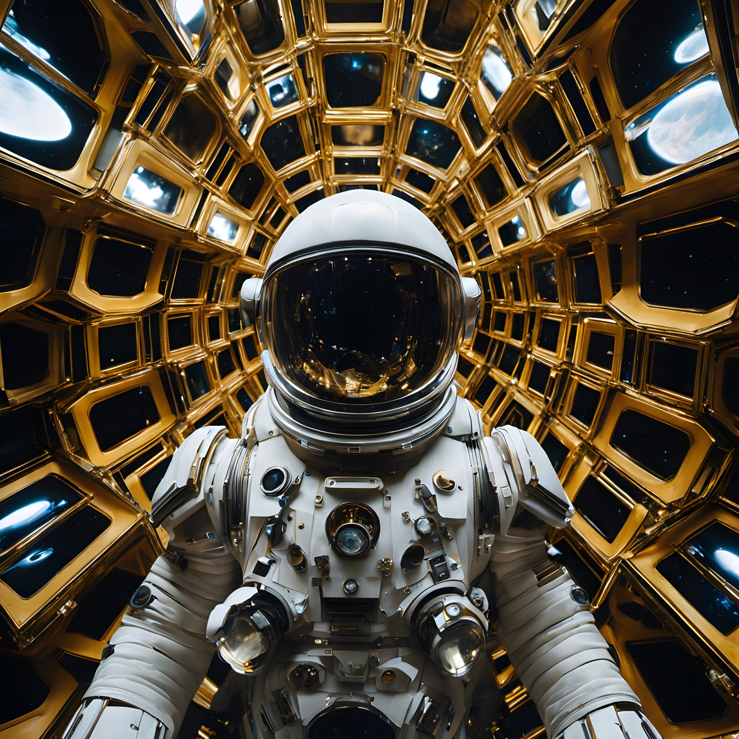Astronaut in Futuristic Gold Chamber