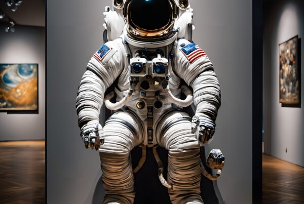 Displayed astronaut suit in museum setting.