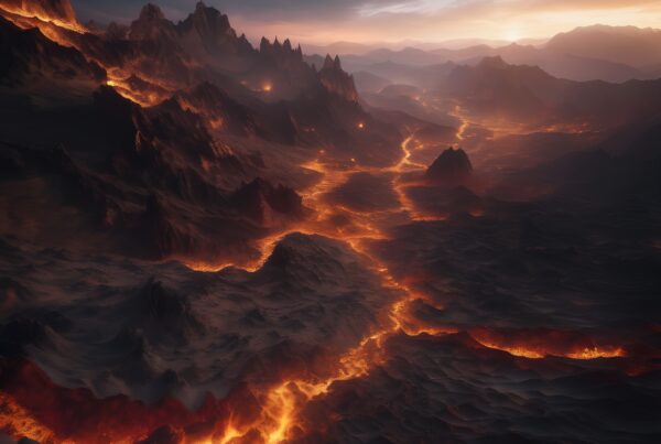 A dramatic volcanic landscape with glowing lava rivers and rugged mountains at sunset.