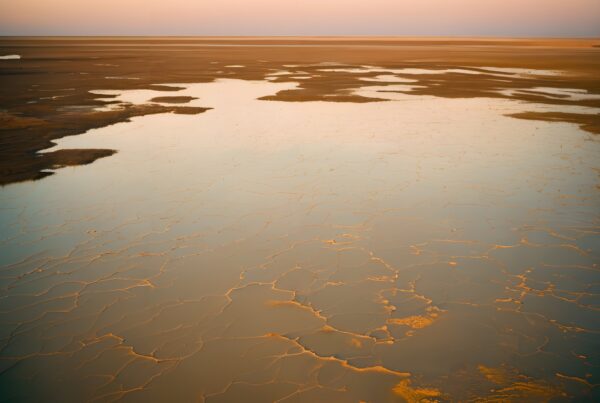 A serene pastel sky over a cracked barren landscape at sunset.