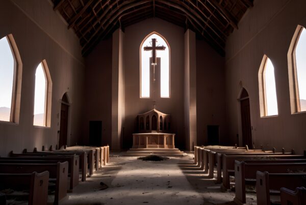 Aged church interior with cross and dusty pews.