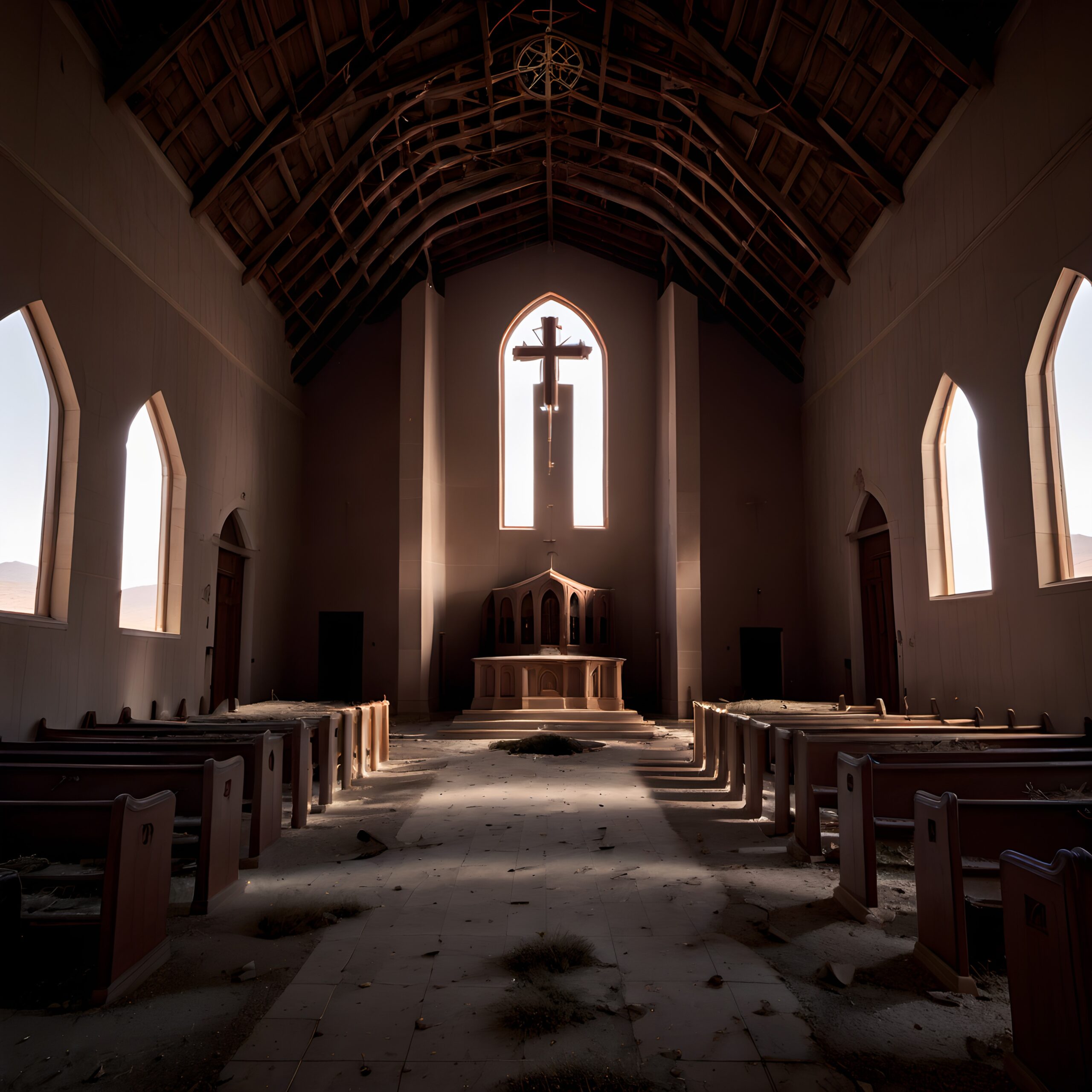 Abandoned church with dusty pews