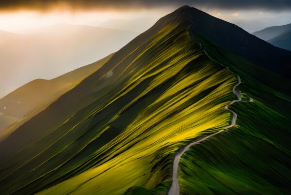 Sunlit mountain ridge with winding path.
