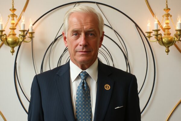 An elderly man in a suit stands in front of elegant concentric circles with wall sconces.