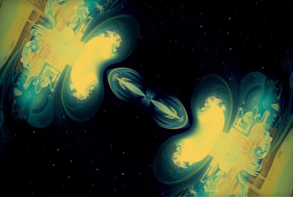 Abstract cosmic art with symmetrical glowing waves in a starry backdrop.
