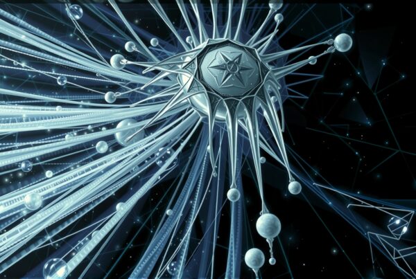 Futuristic star-shaped object with crystalline strands in space.