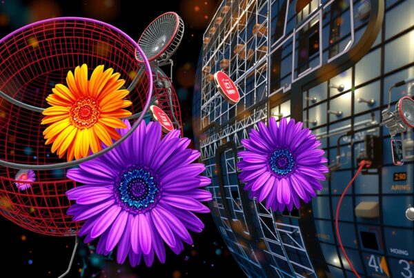 Surreal artwork combining vivid flowers with futuristic technological elements, showcasing an imaginative blend of nature and digital design.
