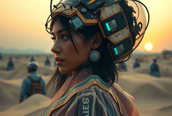 Futuristic woman with advanced helmet in a glowing sunset desert scene.