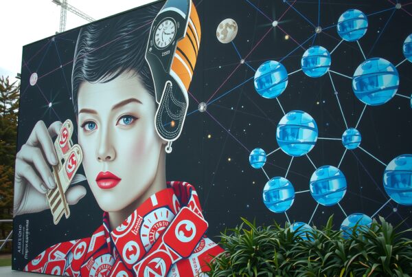 Colorful mural of futuristic woman with cosmic elements.