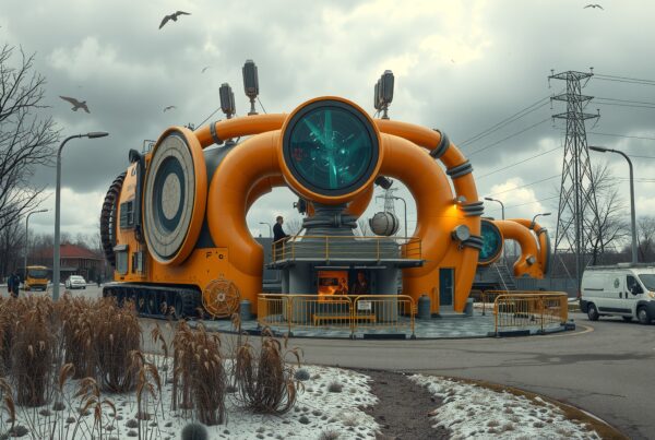 A futuristic orange industrial machine in a snowy urban setting with digital displays and surrounding trees.
