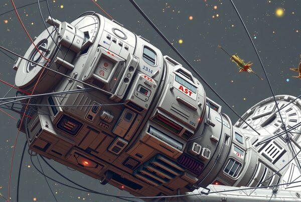 A detailed space station with intersecting wires in a starry expanse, showcasing futuristic technology and exploration.