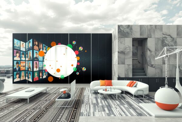 Futuristic rooftop lounge with modern digital art and contemporary seating.