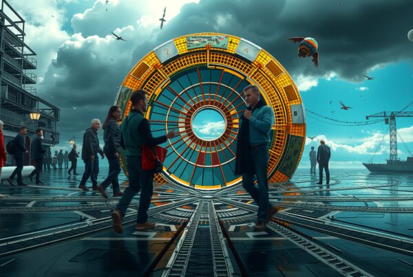 Futuristic urban scene with a large illuminated portal structure, people, and industrial backdrop featuring a ship and cranes.