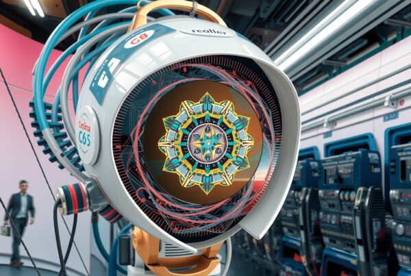 Futuristic machine with mandala design in modern lab.