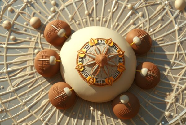 A central sphere with intricate, geometrical patterns surrounded by smaller orb shapes in an abstract design.