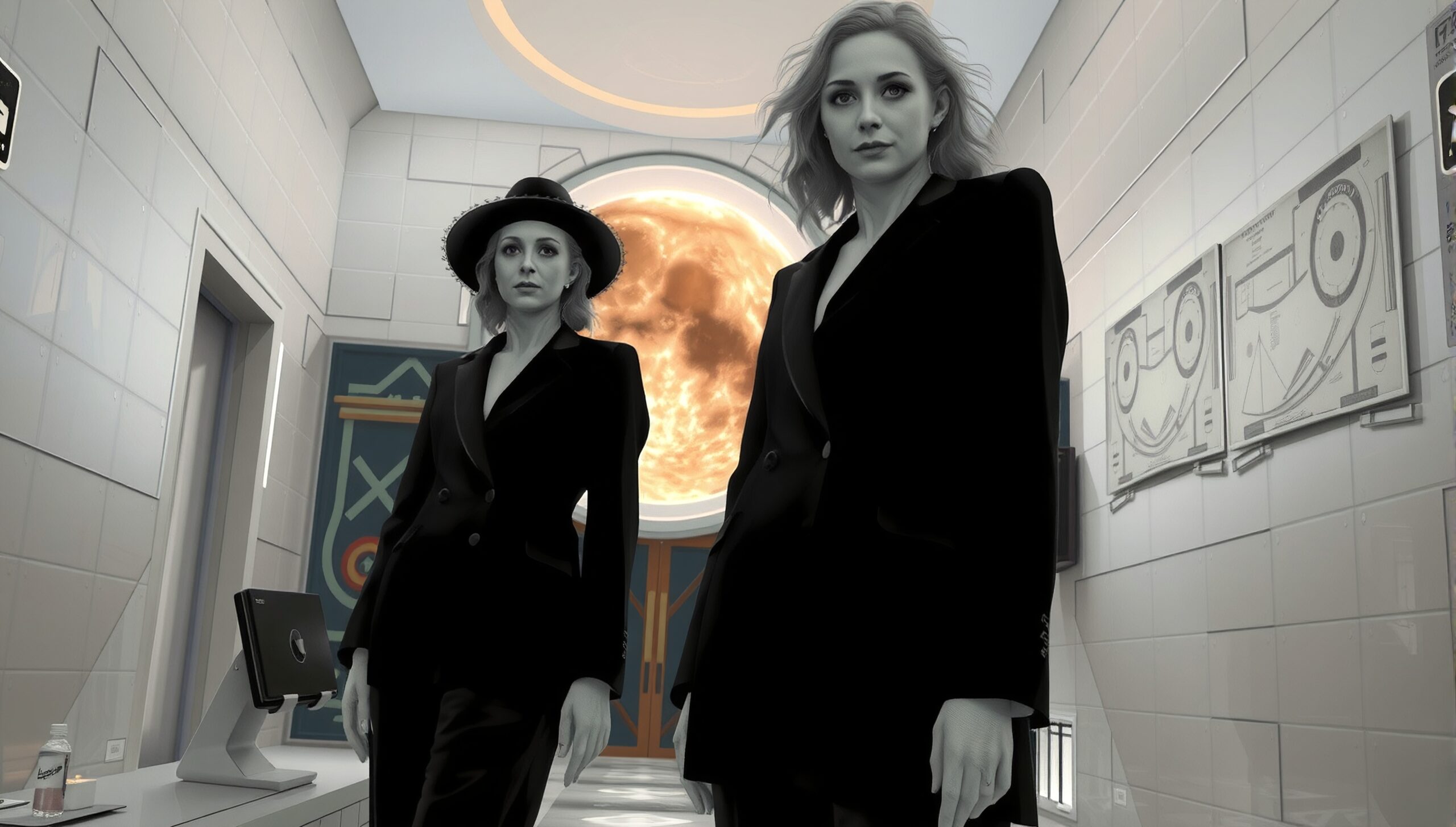 Mysterious Women in Modern Hallway