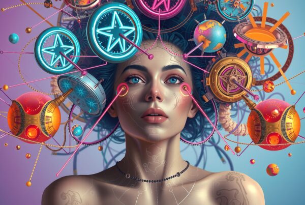 Futuristic woman with neon-colored mechanical orbs and cosmic elements creating a surreal, technological atmosphere.