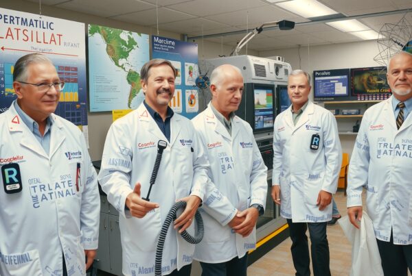 Scientists in a lab with technology and charts.