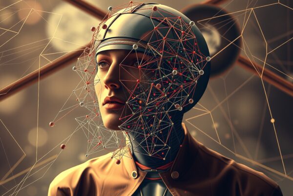 A futuristic figure with a digital network interface on the face.