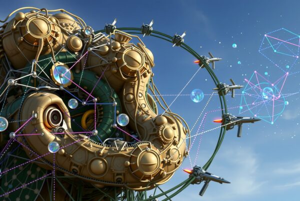 A large steampunk machine with interconnected futuristic drones and geometric patterns against a clear blue sky.